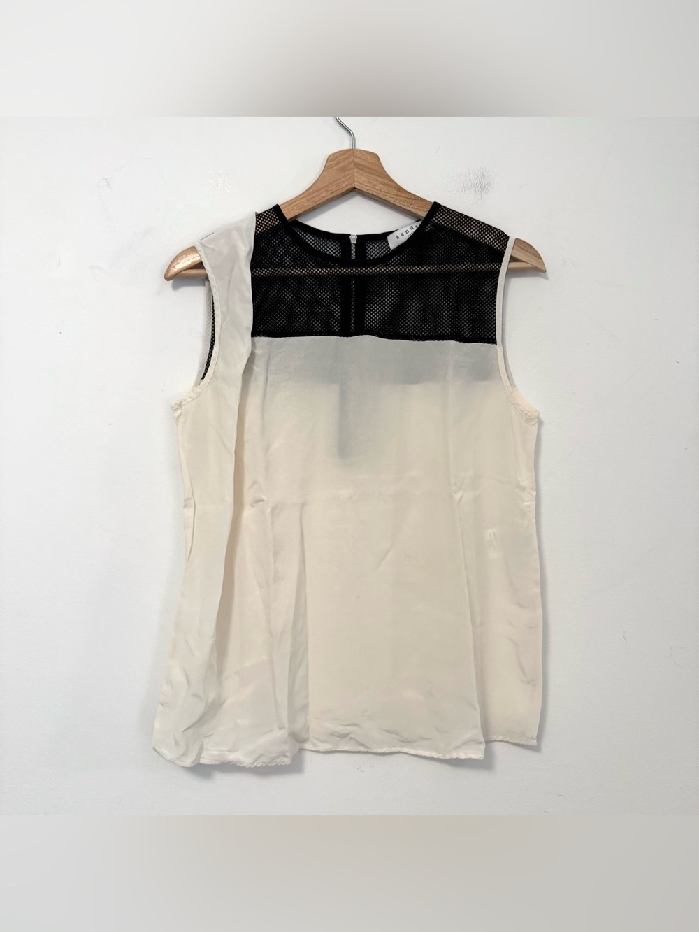 Sandro Paris Silk Blouse Size 3 US Large Ivory Black Mesh Sleeveless Top